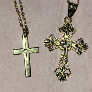 2 Real Gold Cross Christian Religious Necklaces